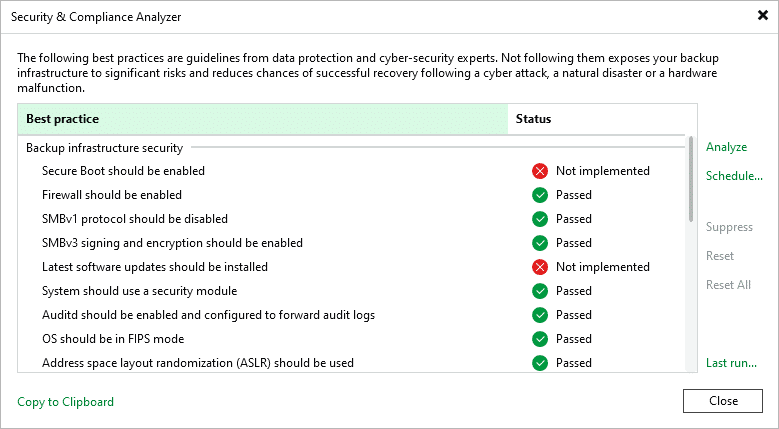 Veeam Security & Compliance Analyzer showing backup infrastructure security best practice checks and status results