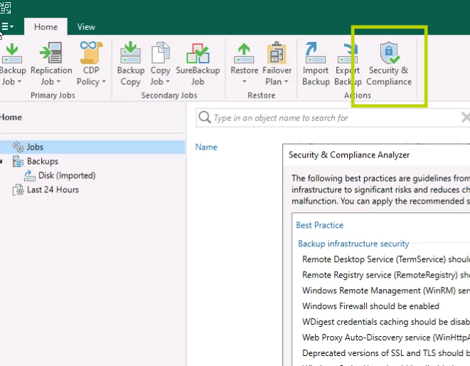 Veeam Backup & Replication ribbon showing the Security & Compliance button used to open the Security & Compliance Analyzer.