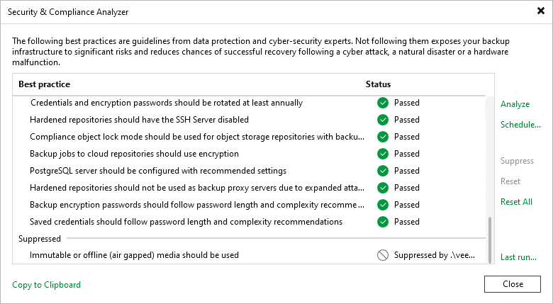 Veeam Security & Compliance Analyzer showing a suppressed immutable or offline backup recommendation in the suppressed parameters section.